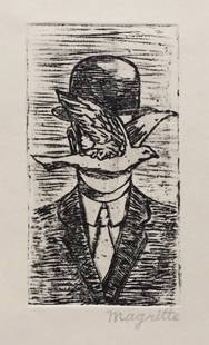 Rene Magritte Belgian Surrealist linocut etching man with bowler hat and dove: Linocut etching on paper. From a private collection. 7,8 x 11,3 in. (19,9 x 28,6 cm). Rene Magritte (1898-1967, Belgian). It is being sold in the manner or style of the artist. Featuring a man in a ha