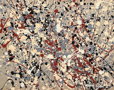 Mixed media on paper Jackson Pollock after American Abstract Expressionism dots painting: Mixed media on paper. From a private collection. 8,7 x 11,1 in. (22 x 28,3 cm). Jackson Pollock (1912-1956, American). It is being sold in the manner or style of the artist. Abstract composition.