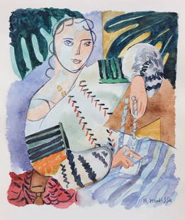 Watercolor on paper Henri Matisse after French Expressionist portrait with leaves painting: Watercolor on paper, painting. From a private collection. Henri Matisse (1869-1954, French). 10 x 12 in. (25,5 x 30,5 cm). It is being sold in the manner or style of the artist. Composition with a wom