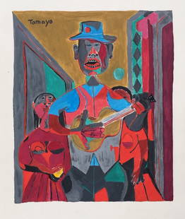 Rufino Tamayo after Mexican Cubist gouache on paper singer: Gouache on paper, painting. From a private collection. 8 x 11 in. (20.4 x 28 cm). Rufino Tamayo (1899 - 1991, Mexican). It is being sold in the manner or style of the artist. Composition with a singer