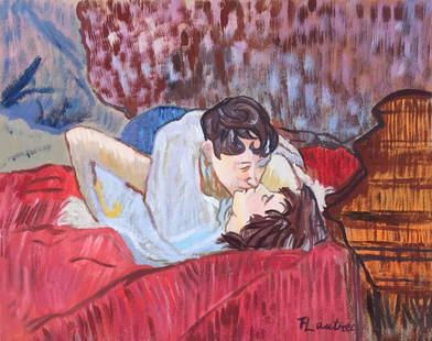 Painting Henri de Toulouse Lautrec after French Post-Impressionism kissing couple: Tempera on paper, painting. From a private collection. Henri de Toulouse Lautrec (1864-1901, French). 8,3 x 10,1 in. (21 x 26,3 cm). It is being sold in the manner or style of the artist. Featuring a