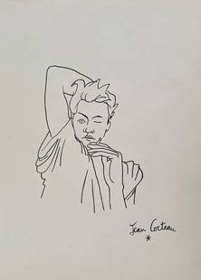 Ink on paper Jean Cocteau style of French Expressionism male portrait young guy: Ink on paper, drawing. From a private collection. 7,9 x 11,2 in. (20 x 28,5 cm). Jean Maurice Eugene Clement Cocteau (1889-1963, French). It is being sold in the manner or style of the artist. Featuri