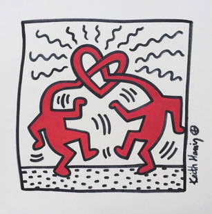 Keith Haring style of American Pop Art mixed media on paper heart: Mixed media on paper, drawing. From a private collection. Keith Haring (1958-1990, American). 8,9 x 9,8 in. (22,7 x 23,4 cm). It is being sold in the manner or style of the artist. Composition in the