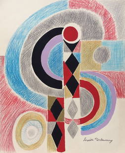 Mixed media on paper Sonia Delaunay style of French Ukrainian Abstract colorful circles: Mixed media on paper. From a private collection. Sonia Delaunay (1885-1979). 9,3 x 11,2 in. (23,5 x 28,4 cm). It is being sold in the manner or style of the artist. Featuring an abstract composition w