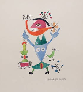 Watercolor Victor Brauner after Romanian French Surrealism figure: Watercolor on paper, drawing. From a private collection. Victor Brauner (1903-1966, French-Romanian). 10 x 11,8 in. (25,5 x 30 cm). It is being sold in the manner or style of the artist. Depicts a com