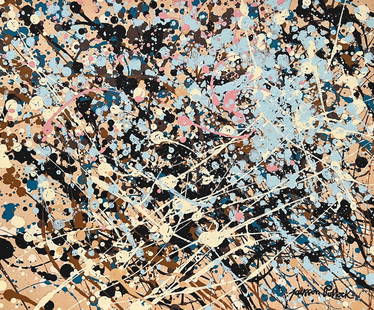 Acrylic painting Jackson Pollock style of Abstract Expressionism American dots: Mixed media on paper. From a private collection. 9,6 x 11,6 in. (24,3 x 29,4 cm). Jackson Pollock (1912-1956, American). It is being sold in the manner or style of the artist. Abstract composition.