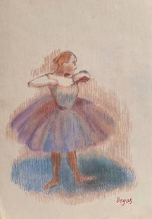 Pastel on paper Edgar Degas after French Impressionism ballerina purple tutu ballet: Pastel on paper, drawing. From a private collection. 7,7 x 11,3 in. (19,5 x 28,6 cm). Edgar Degas (French, 1834-1917). It is being sold in the manner or style of the artist. Ballerina in a purple tutu