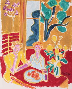 Tempera on paper Henri Matisse after French Expressionist interior painting female portraits: Tempera on paper, painting. From a private collection. 8,6 x 10,8 in. (22 x 27,5 cm). Henri Matisse (1869-1954, French). It is being sold in the manner or style of the artist. The painting depicts a c