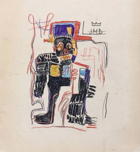 Jean-Michel Basquiat after American Abstract Expressionism mixed media on paper figure: Mixed media on paper. 9,3 x 10,2 in. (23,7 x 26 cm). From a private collection. Jean-Michel Basquiat (1960-1988, American). It is being sold in the manner or style of the artist. Depicts a composition