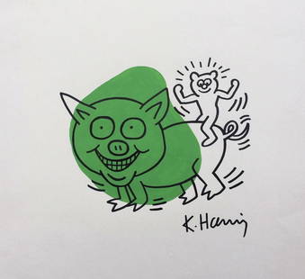 Mixed media on paper Keith Haring style of American Pop Art green pig: Ink on paper, drawing. 8,5 x 9,3 in. (21,7 x 23,5 cm). From a private collection. Keith Haring (1958-1990, American). It is being sold in the manner or style of the artist.