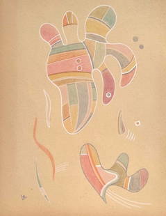 Drawing crayon on paper Wassily Kandinsky style of Russian Abstract geometric objects: Crayon on paper, drawing. 8,7 x 11 in. (22 x 28,1 cm). From a private collection. Wassily Kandinsky (1866-1944, Russian). It is being sold in the manner or style of the artist. Depicts an abstraction