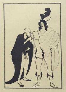 Aubrey Beardsley vintage litho print Modern men religious erotic scene: Vintage offset lithograph on thin paper. Paper size: 7,9 x 10,4 in. (20 x 26,3 cm). Aubrey Vincent Beardsley (1872-1898, English). The litho print demonstrates an erotic scene.