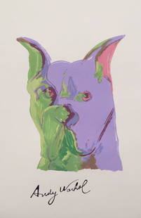 Mixed media on paper Andy Warhol after American Pop Art dog muzzle purple: Mixed media on paper, painting. From a private collection. 7,9 x 12 in. (20 x 30,5 cm). Andy Warhol (1928-1987, American). It is being sold in the manner or style of the artist. Featuring a compositio