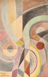 Crayon on paper Sonia Delaunay style of French Ukrainian Abstract circles geometric objects: Crayon on paper, drawing. From a private collection. Sonia Delaunay (1885-1979, Ukrainian, French). 7,6 x 12,1 in. (19,4 x 30,7 cm). It is being sold in the manner or style of the artist. Abstract com