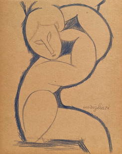 Crayon on paper Amedeo Modigliani style of Italian Expressionism woman nude drawing: Crayon on paper, drawing. From a private collection. 6,1 x 7,7 in. (15,5 x 19,5 cm). Amedeo Clemente Modigliani (1884-1920, Italian). It is being sold in the manner or style of the artist. Depicts a n