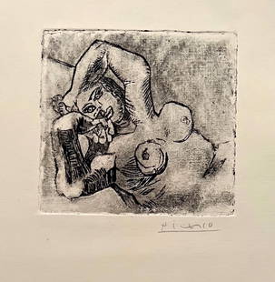 Linocut etching on paper Spanish Pablo Picasso nude woman Cubism portrait print: Linocut etching on paper. From a private collection. 8,3 x 11,7 in. (21x 29,7 cm). Pablo Picasso (1881-1973, Spanish). It is being sold in the manner or style of the artist. Featuring a portrait of a