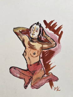 Watercolor drawing signed Oskar Kokoschka Austrian Expressionist nude woman: Watercolor on paper, drawing. From a private collection. 6,7 x 9,1 in. (17 x 23 cm). Oskar Kokoschka (1886-1980, Austrian). It is being sold in the manner or style of the artist. Composition with a