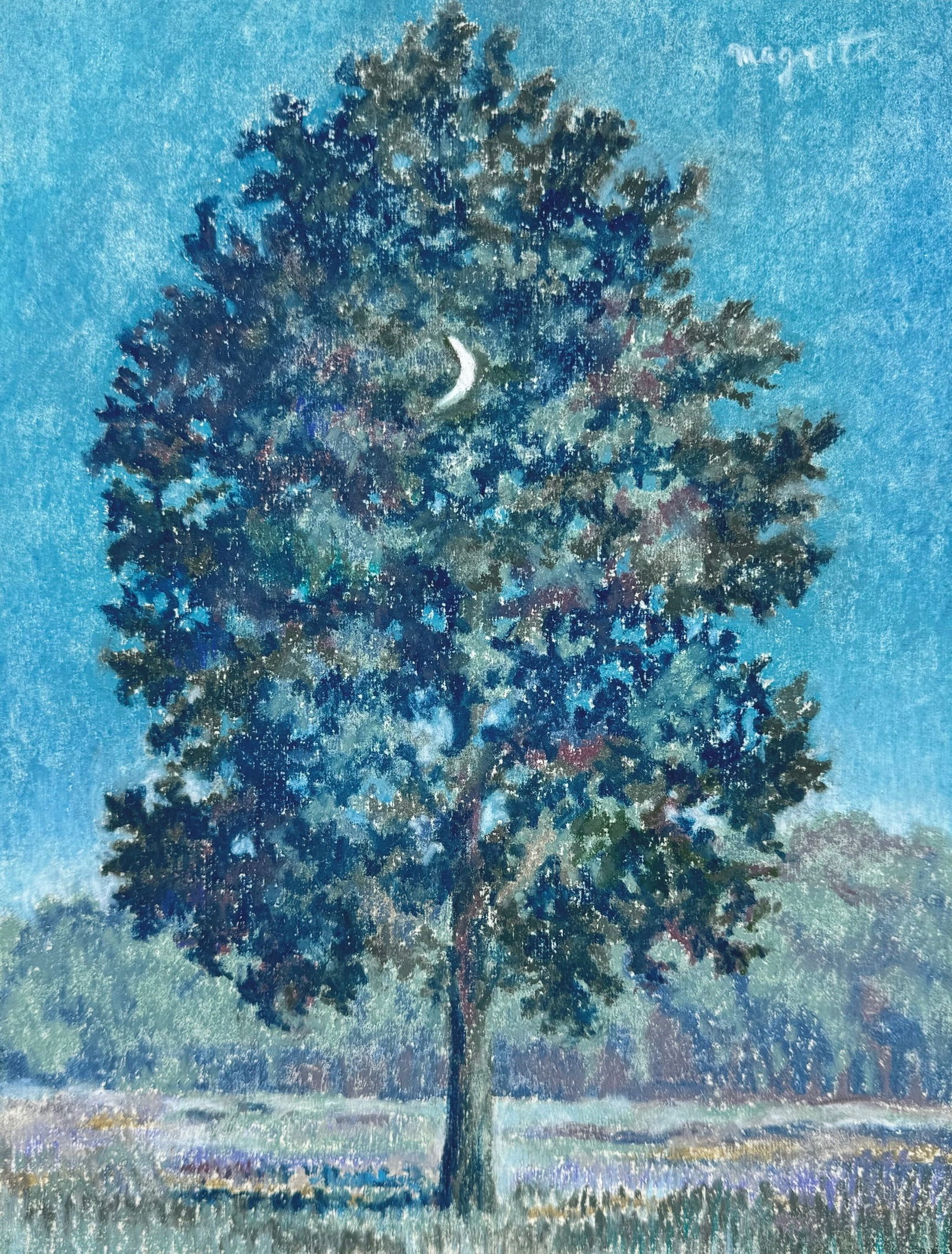 Rene Magritte pastel on paper after Belgian Surrealist tree crescent moon: Pastel on paper, painting. From a private collection. 8 x 10,6 in. (20,5 x 27 cm). Rene Magritte (1898-1967, Belgian). It is being sold in the manner or style of the artist. Depicts a surreal composit