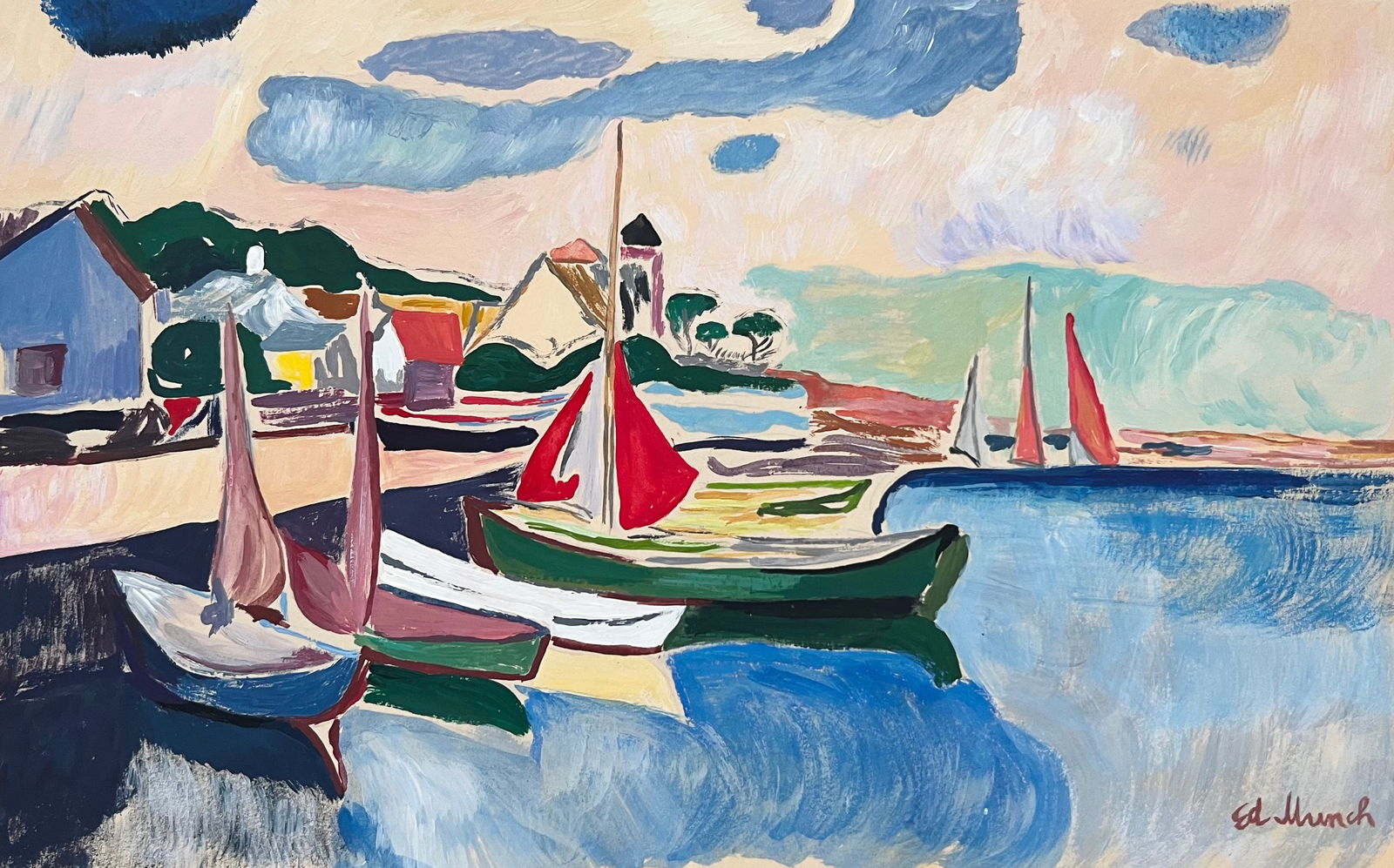 Edvard Munch style of Norwegian Expressionist gouache painting boats landscape: Gouache on paper, painting. From a private collection. 7,2 x 11,3 in. (18,2 x 28,8 cm). Edvard Munch (1863-1944, Norwegian). It is being sold in the manner or style of the artist. Depicts a lan dscape