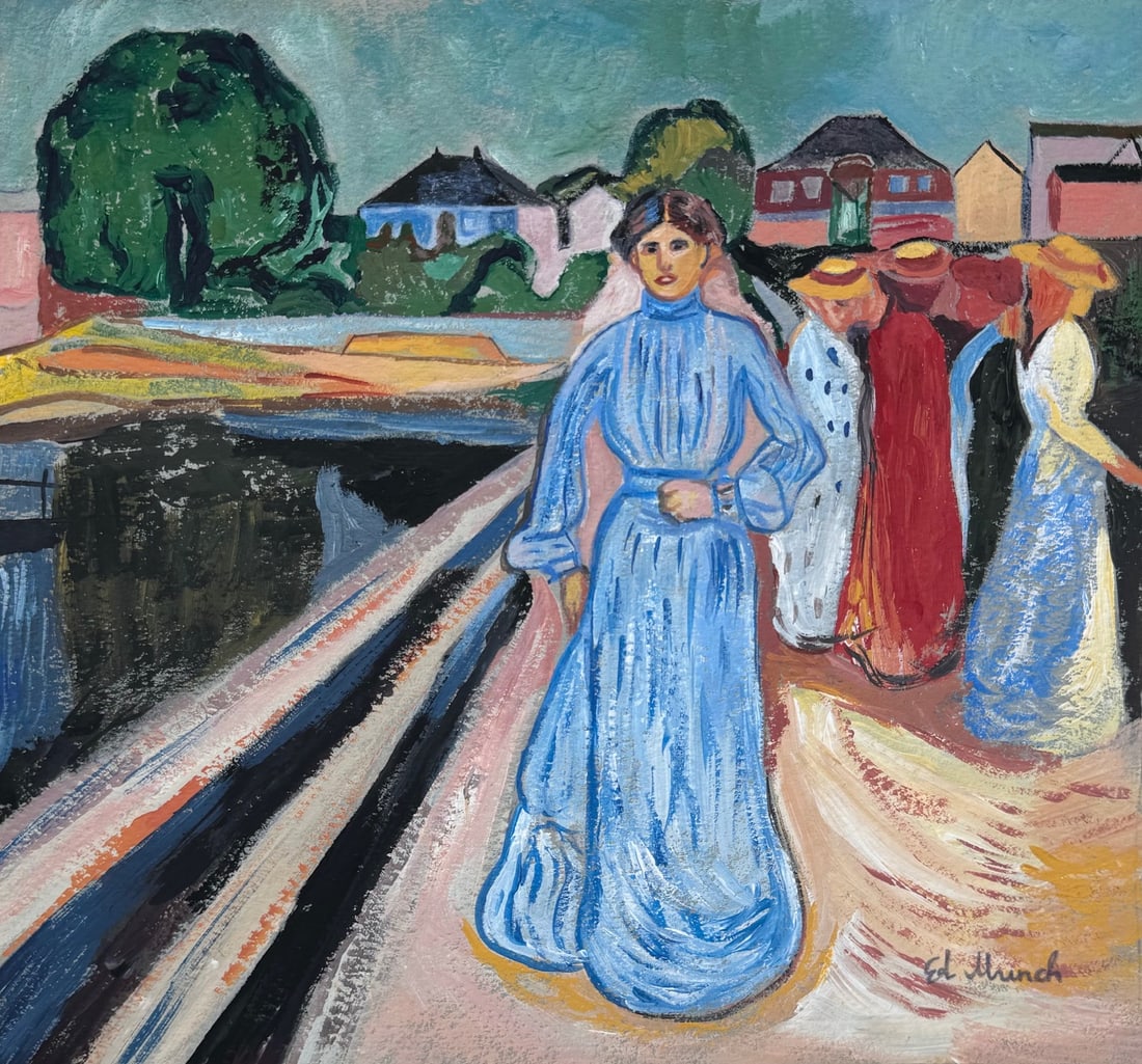 Edvard Munch after Norwegian Expressionism tempera painting bridge: Tempera on paper, painting. From a private collection. 8,5 x 9,1 in. (21,5 x 23 cm). Edvard Munch (1863-1944, Norwegian). It is being sold in the manner or style of the artist. Painting depicts women