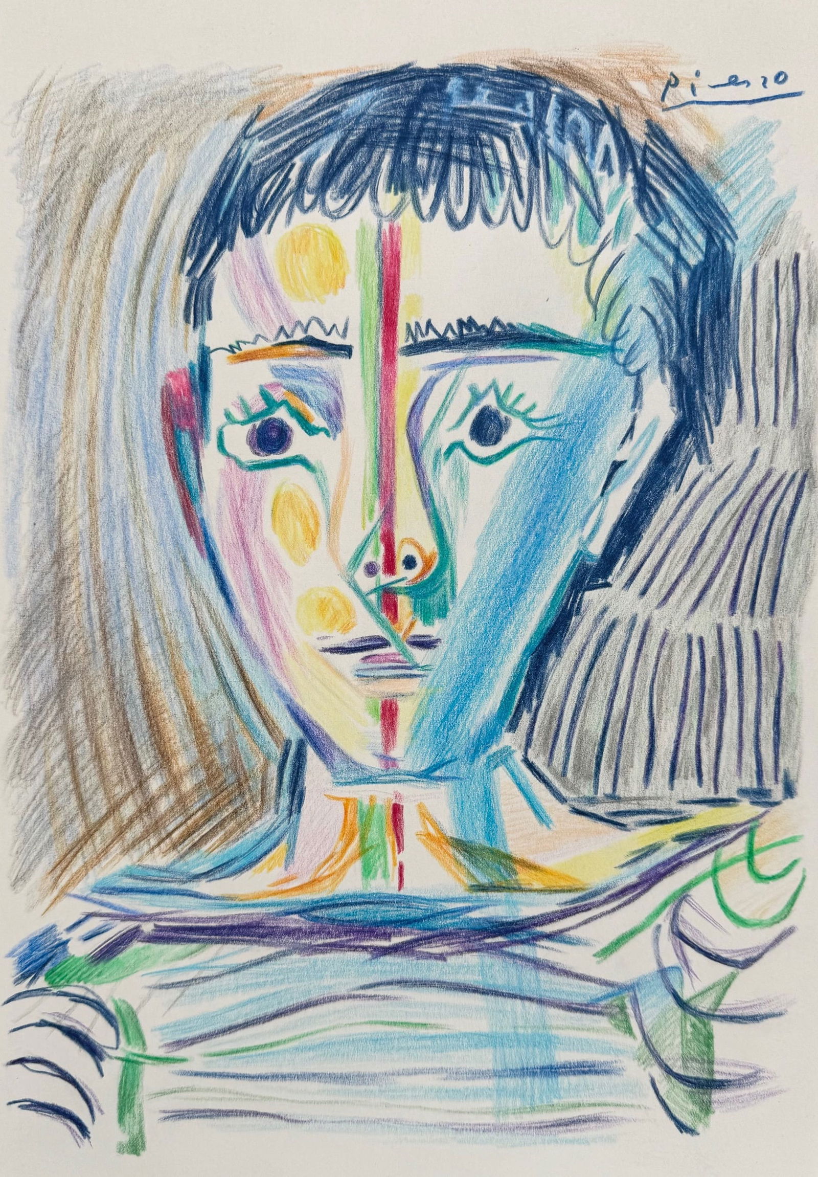 Pablo Picasso after Spanish Cubist drawing on paper colorful male portrait (1 of 2)