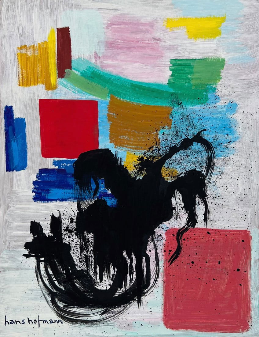 Hans Hofmann style of German American Abstract Expressionism painting on c/b: Painting on cardboard. From a private collection. 9 x 12,2 in. (22,9 x 31 cm). Hans Hofmann (1880-1966, German-American). It is being sold in the manner or style of the artist. Depicts an abstract com