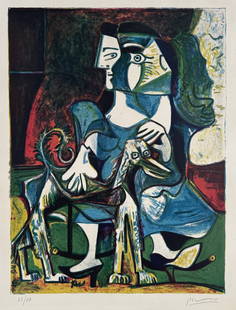 Lithograph Pablo Picasso after Spanish Cubism art woman with dog: Lithograph on paper. From a private collection. Pablo Picasso (1881-1973). It is being sold in the manner or style of the artist. Paper size: 15,8 x 19,8 in. (40,2 x 50,3 cm). Lithograph image size: