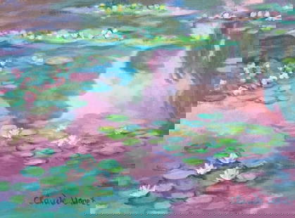 Oil on canvas Claude Monet after French Impressionism: Oil on canvas, painting. From a private collection. 11,6 x 15,6 in. (29,5 x 39,7 cm). Claude Monet (1840-1926). It is being sold in the manner or style of the artist. Landscape with water lilies.