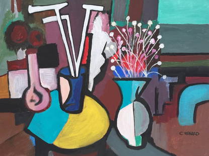 Claude Venard after French Cubism oil painting: Oil on canvas on cardboard, painting. From a private collection. Claude Venard (1913-1999, French). 11,7 x 15,7 in. (29,8 x 40 cm). It is being sold in the manner or style of the artist. From a