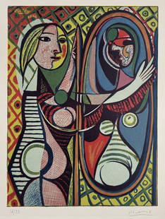 Pablo Picasso lithograph after Spanish Cubist woman mirror: Lithograph on paper. Pablo Picasso (1881-1973). From a private collection. It is being sold in the manner or style of the artist. Paper size: 15,7 x 19,8 in. (40 x 50,3 cm). Lithograph image size: