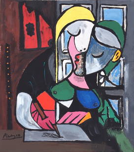 Tempera on cardboard Pablo Picasso after Spanish Cubist: Tempera on cardboard, painting. From a private collection. 9,3 x 10,4 in. (23,5 x 26,4 cm). Pablo Picasso (1881-1973, Spanish). It is being sold in the manner or style of the artist. Depicts a woman