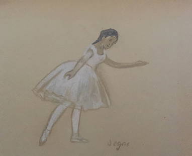 Pastel on paper Edgar Degas after French Impressionism ballet dancer: Pastel on paper, drawing. From a private collection. 8 x 9,8 in. (20,4 x 25 cm). Edgar Degas (French, 1834-1917). It is being sold in the manner or style of the artist. Depicts a ballet dancer.
