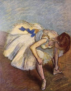 Edgar Degas vintage lithograph print French ballet dancer: Vintage fine art lithograph print "Dancer seated lacing her buskin". From a private collection. Edgar Degas (1834-1917, French). The lithograph depicts a seated dancer lacing her shoes. The lithograph