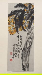 Vintage litho on paper Chinese calligraphy Qi Baishi Asian Modern: Vintage litho print on paper, limited edition. Signed lower left edition 14/235, 'Loquat'. From a private collection. Paper size: 10,2 x 14,9 in. (26 x 38 cm). Artist: Qi Baishi (1863-1957, Chinese).