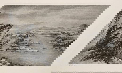 Vintage litho on paper Chinese art calligraphy Asian landscape: Vintage litho print on paper, limited edition. Signed lower left edition 14/235, 'Spring landscape'. From a private collection. Paper size: 10,2 x 14,9 in. (26 x 38 cm). Artist: Pu Suun. The litho pri