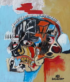Jean-Michel Basquiat after American Abstract Expressionist mixed media skull: Mixed media on paper. 7,7 x 9,1 in. (19,5 x 23 cm). Jean-Michel Basquiat (1960-1988, American). It is being sold in the manner or style of the artist. Depicts a composition with a skull.