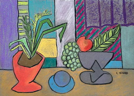 Claude Venard style of French Cubist pastel on paper still life: Pastel on paper, painting. From a private collection. 9,3 x 12,6 in. (23,5 x 32 cm). Claude Venard (1913-1999, French). It is being sold in the manner or style of the artist. From a private collection