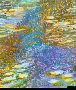Claude Monet after French Impressionism pastel on paper water lilies: Pastel on paper, painting. From a private collection. 9,6 x 11,2 in. (24,3 x 28,5 cm). Claude Monet (1840-1926, French). It is being sold in the manner or style of the artist. Depicts a landscape with