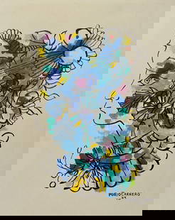 Rene Portocarrero after Cuban Modernist mixed media on paper portrait Flora: Mixed media on paper, painting. From a private collection. 9,1 x 10 in. (23 x 25,4 cm). Rene Portocarrero (1912-1985, Cuban). It is being sold in the manner or style of the artist. Depicts a portrait