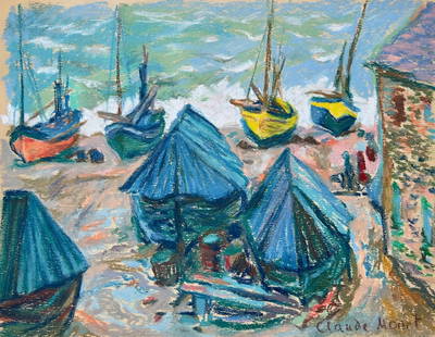 Claude Monet style of French Impressionism boats sea bay pastel painting: Pastel on paper, painting. 8,4 x 10,9 in. (21,4 x 27,8 cm). Claude Monet (1840-1926, French). It is being sold in the manner or style of the artist. Depicts boats in a bay near the sea.