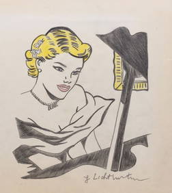 Mixed media on paper Roy Lichtenstein after American Pop Art female portrait music (1 of 2)