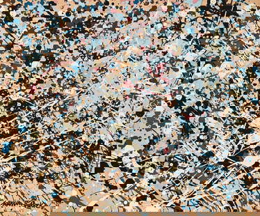 Acrylic painting Jackson Pollock style of Abstract Expressionism American dots: Mixed media on paper. From a private collection. 9,6 x 11,6 in. (24,3 x 29,4 cm). Jackson Pollock (1912-1956, American). It is being sold in the manner or style of the artist. Abstract composition.
