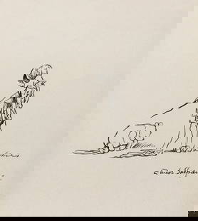 Ink drawing E.H. Shepard after English children art Winnie-the-Pooh Christopher Robin: Ink on paper, drawing. From a private collection. 8,3 x 9,3 in. (21 x 23,7 cm). After E.H. Shepard (1879-1976, English). It is being sold in the manner or style of the artist. Winnie-the-Pooh and Chri