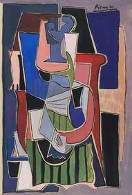 Tempera on paper Pablo Picasso style of Spanish Cubism portrait painting woman (1 of 2)
