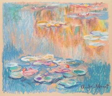 Pastel on paper Claude Monet after French Impressionism water lilies pond nature painting: Pastel on paper, painting. From a private collection. 7,3 x 9,7 in. (24,5 x 28 cm). Claude Monet (1840-1926, French). It is being sold in the manner or style of the artist. Depicts a landscape with wa