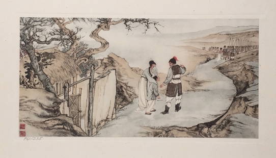 Vintage litho on paper Chinese art calligraphy Military: Vintage litho print on paper, limited edition. Signed lower left edition 14/235, 'Military scene'. From a private collection. Paper size: 10,2 x 14,9 in. (26 x 38 cm). Zheng Mukanga. The litho print d