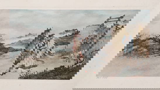 Chinese calligraphy vintage litho on paper old man: Vintage litho print on paper, limited edition. Signed lower left edition 14/235, 'Farewell to the Old Man'. From a private collection. Paper size: 10,2 x 14,9 in. (26 x 38 cm). Zhu Mei. The litho prin