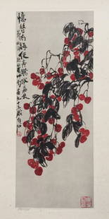 Vintage litho on paper Chinese calligraphy Qi Baishi: Vintage litho print on paper, limited edition. Signed lower left edition 14/235, 'Lychee'. From a private collection. Paper size: 10,2 x 14,9 in. (26 x 38 cm). Artist: Qi Baishi (1864-1957, Chinese).
