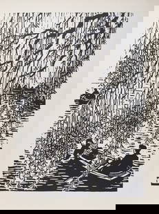 Vintage Litho print Chinese Li Tschung Peace Asian willow: Vintage litho print on paper. Printed in Germany, 1959. 11.8 x 15.7 in. (30 x 40 cm). "Singing behind the willow veil". Li Tschung (1921 - ?, Chinese). From a private collection.