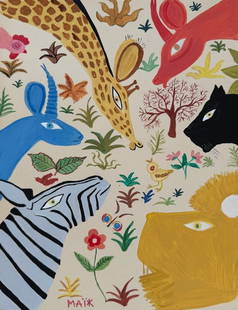 Naive painting on paper Henri Hecht Maik after French Primitivism animals: Painting on paper. From a private collection. 8,1 x 10,4 in. (20,5 x 26,5 cm). Henri Hecht Maik (1922-1993, French). It is being sold in the manner or style of the artist. Depicts a lion, a giraffe, a